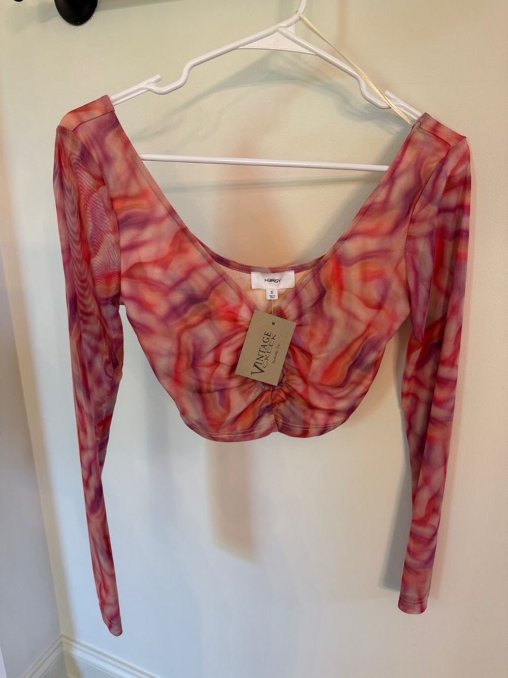 Hersy boutique Pink & Purple Swirl Ruched Mesh Crop Top